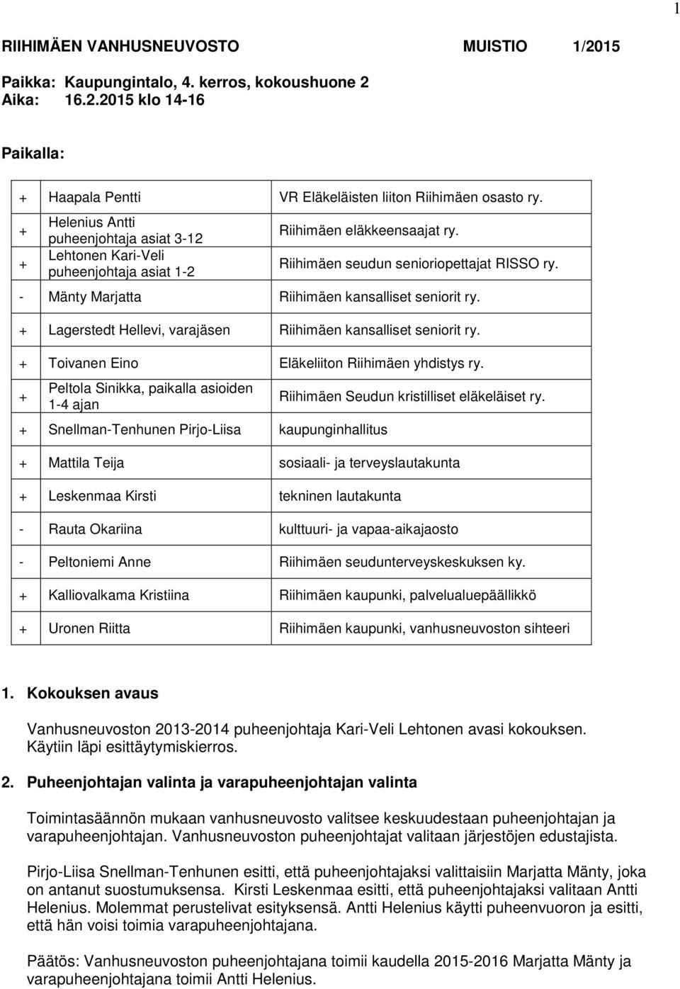 - Mänty Marjatta Riihimäen kansalliset seniorit ry. Lagerstedt Hellevi, varajäsen Riihimäen kansalliset seniorit ry. Toivanen Eino Eläkeliiton Riihimäen yhdistys ry.