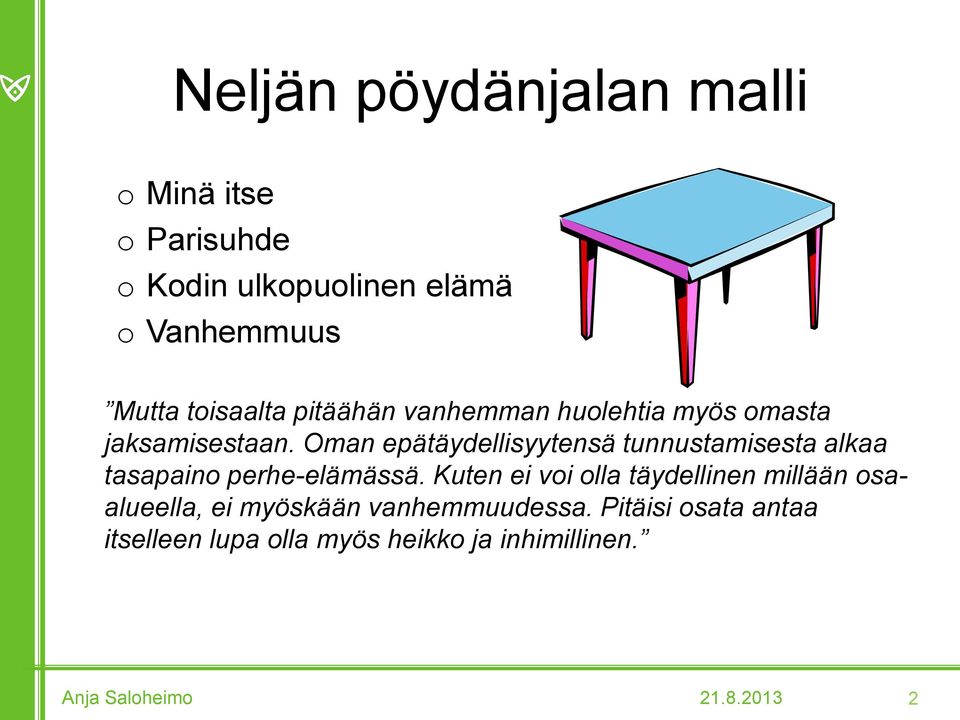 Oman epätäydellisyytensä tunnustamisesta alkaa tasapaino perhe-elämässä.