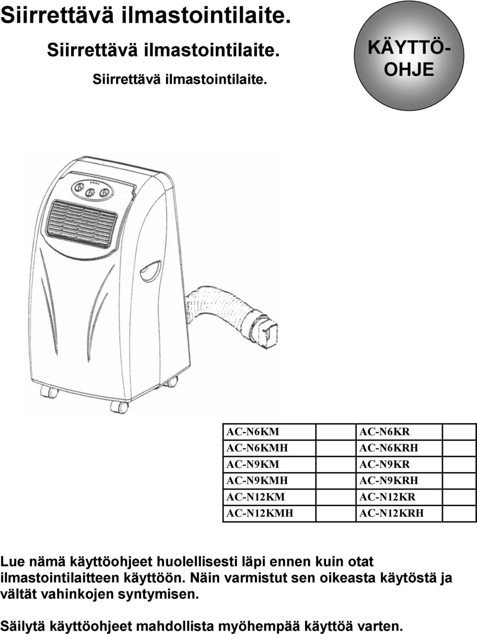 KÄYTTÖ- OHJE AC-N6KM AC-N6KMH AC-N9KM AC-N9KMH AC-N12KM AC-N12KMH AC-N6KR AC-N6KRH AC-N9KR AC-N9KRH