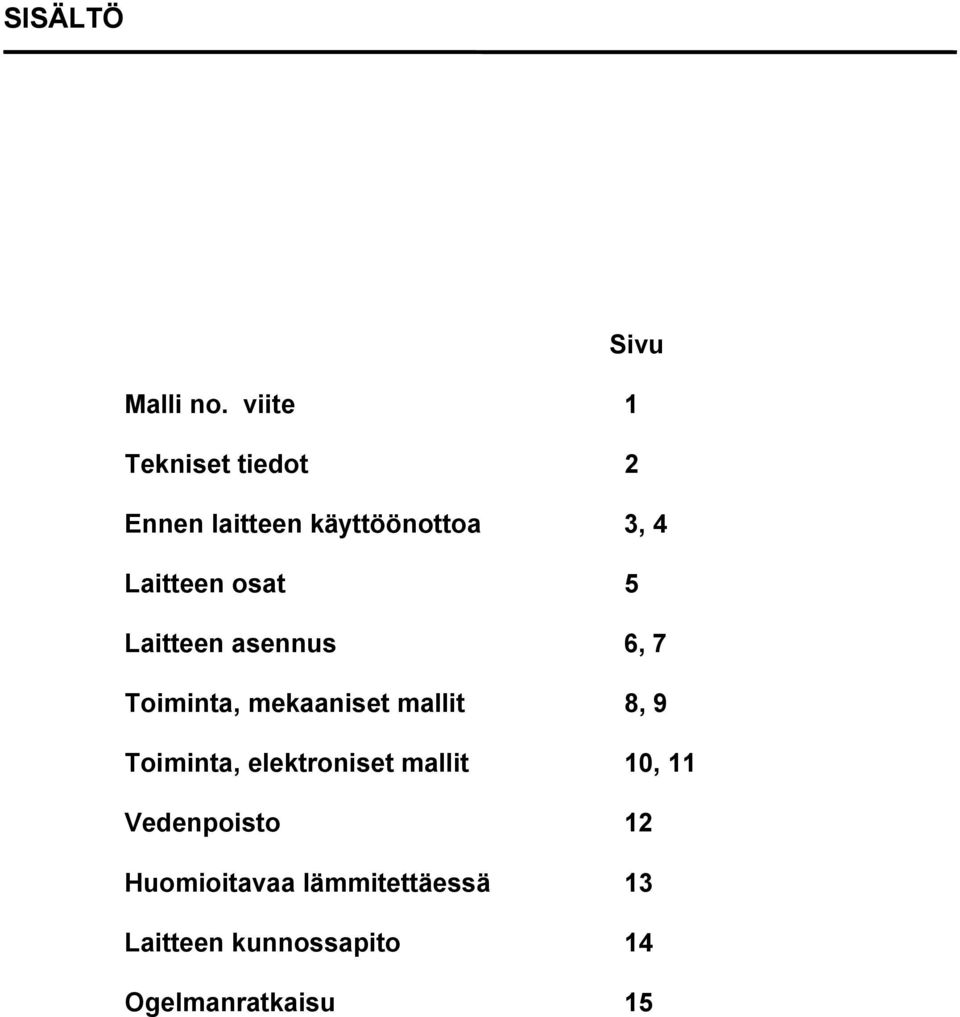 osat 5 Laitteen asennus 6, 7 Toiminta, mekaaniset mallit 8, 9