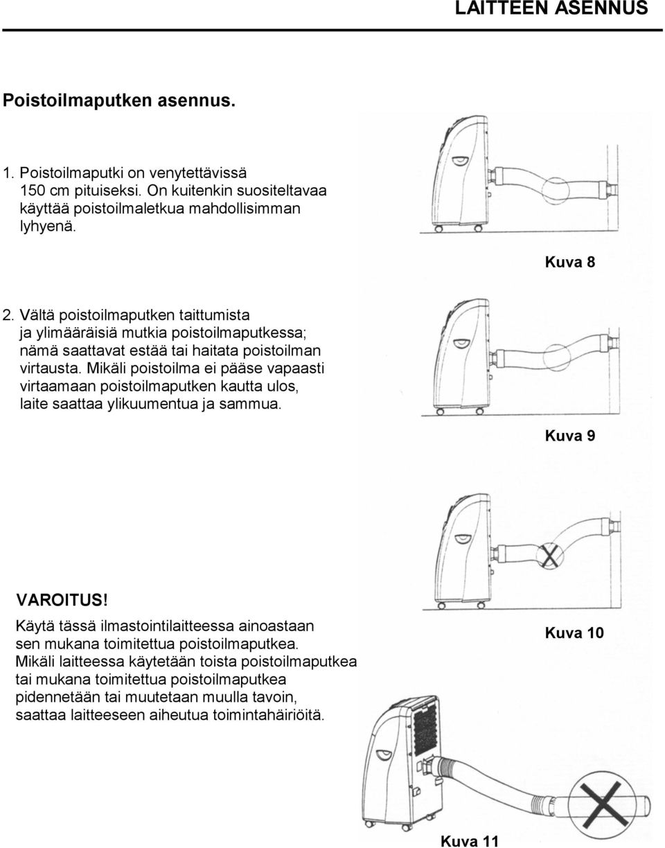 Mikäli poistoilma ei pääse vapaasti virtaamaan poistoilmaputken kautta ulos, laite saattaa ylikuumentua ja sammua. Kuva 9 VAROITUS!