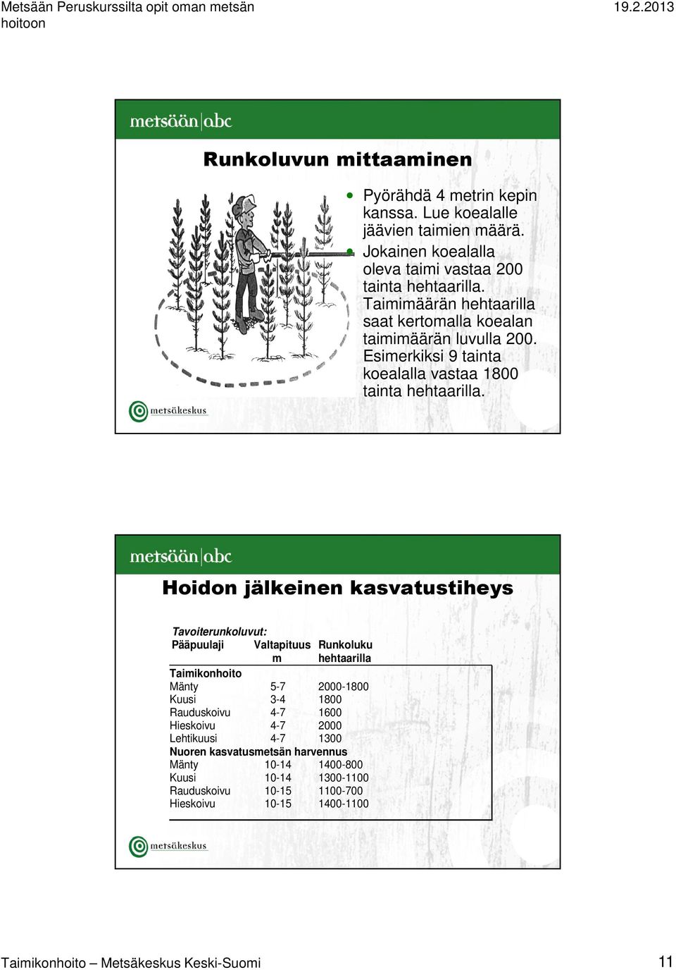 Hoidon jälkeinen kasvatustiheys Tavoiterunkoluvut: Pääpuulaji Valtapituus Runkoluku m hehtaarilla Taimikonhoito Mänty 5-7 2000-1800 Kuusi 3-4 1800 Rauduskoivu 4-7