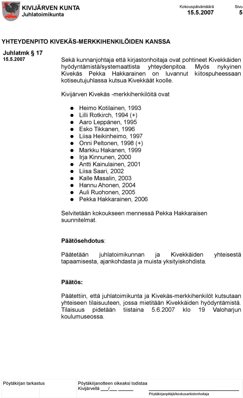 Kivijärven Kivekäs -merkkihenkilöitä ovat Heimo Kotilainen, 1993 Lilli Rotkirch, 1994 (+) Aaro Leppänen, 1995 Esko Tikkanen, 1996 Liisa Heikinheimo, 1997 Onni Peltonen, 1998 (+) Markku Hakanen, 1999