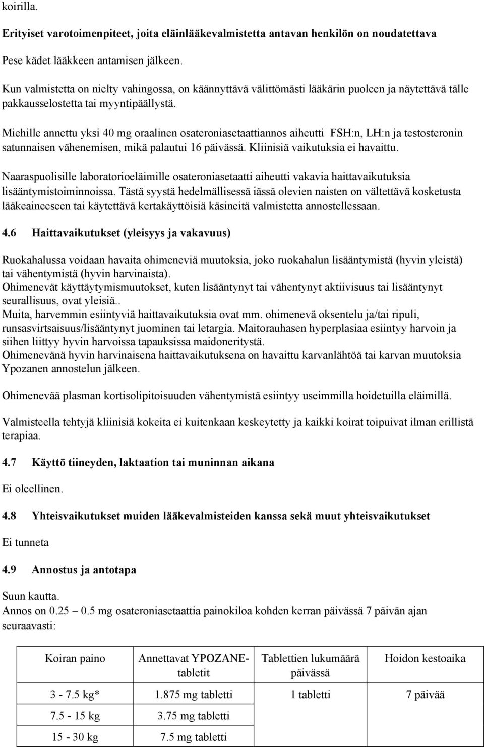 Miehille annettu yksi 40 mg oraalinen osateroniasetaattiannos aiheutti FSH:n, LH:n ja testosteronin satunnaisen vähenemisen, mikä palautui 16 päivässä. Kliinisiä vaikutuksia ei havaittu.