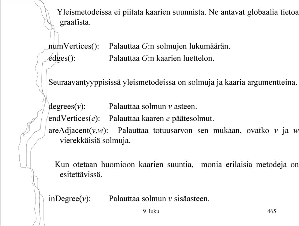 Seuraavantyyppisissä yleismetodeissa on solmuja ja kaaria argumentteina. degrees(v): Palauttaa solmun v asteen.