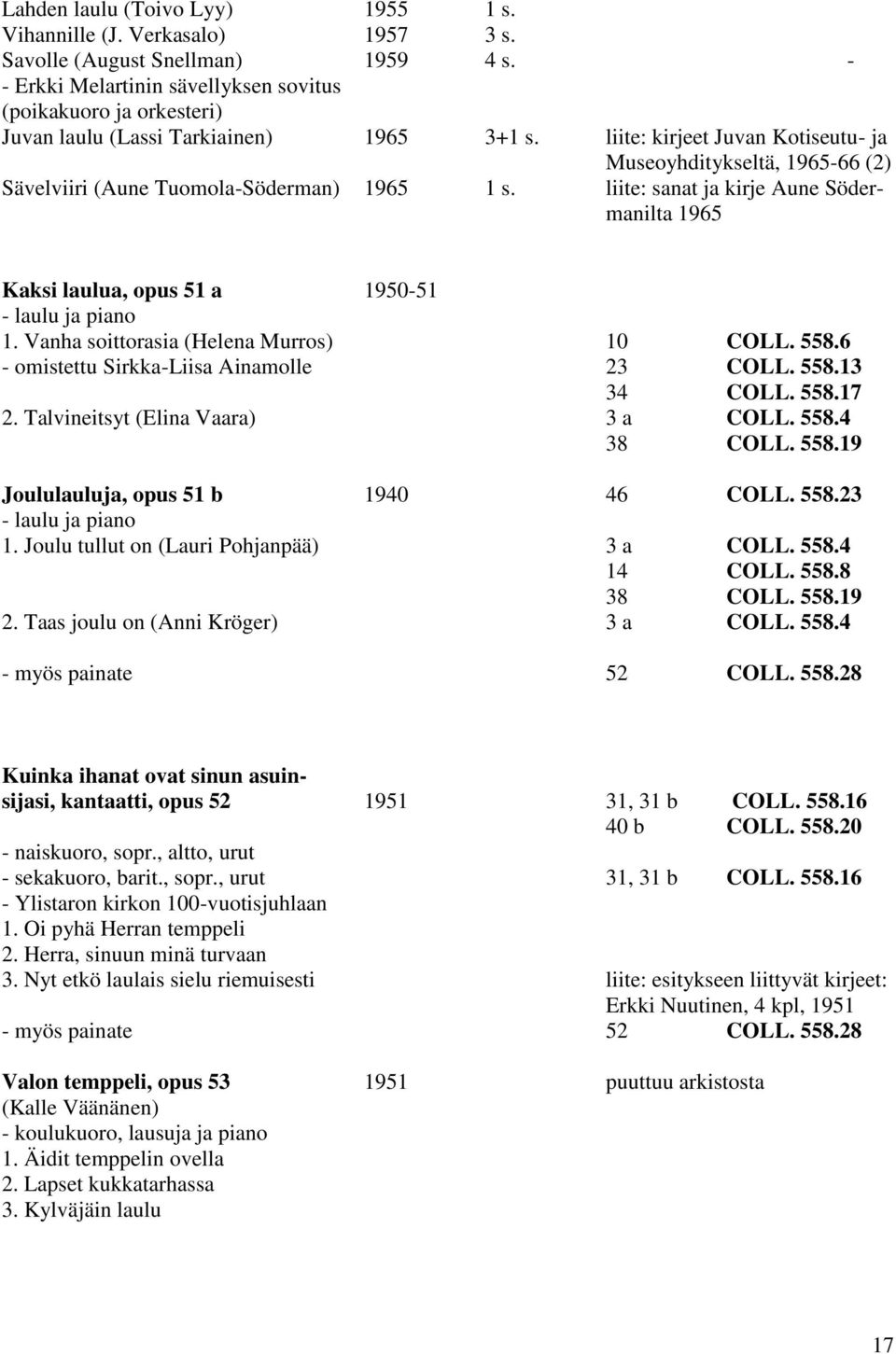 liite: kirjeet Juvan Kotiseutu- ja Museoyhditykseltä, 1965-66 (2) Sävelviiri (Aune Tuomola-Söderman) 1965 1 s. liite: sanat ja kirje Aune Södermanilta 1965 Kaksi laulua, opus 51 a 1950-51 1.