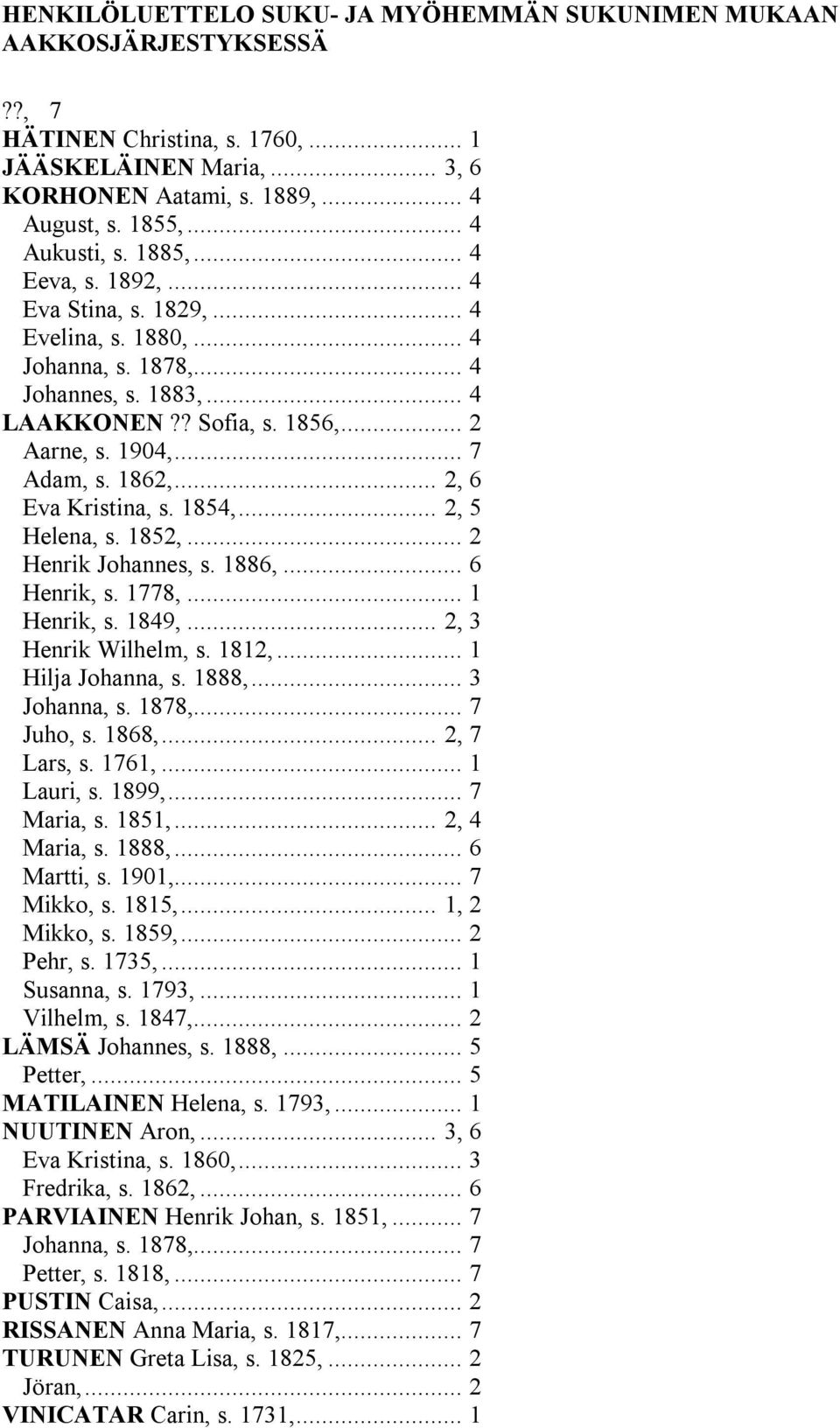 .. 7 Adam, s. 1862,... 2, 6 Eva Kristina, s. 1854,... 2, 5 Helena, s. 1852,... 2 Henrik Johannes, s. 1886,... 6 Henrik, s. 1778,... 1 Henrik, s. 1849,... 2, 3 Henrik Wilhelm, s. 1812,.