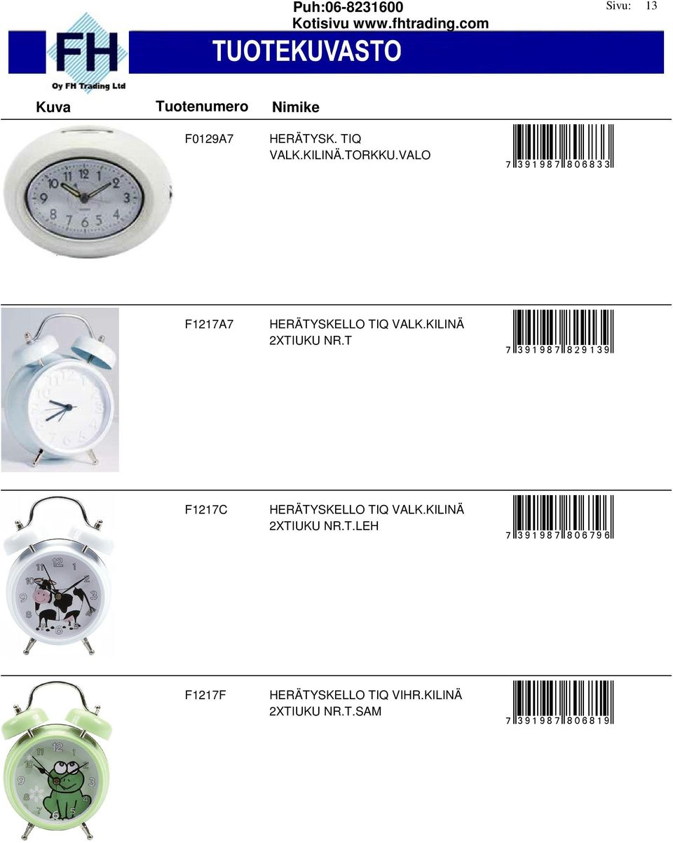 KILINÄ 2XTIUKU NR.T hr3c1c8aslfmegmr F1217C HERÄTYSKELLO TIQ VALK.