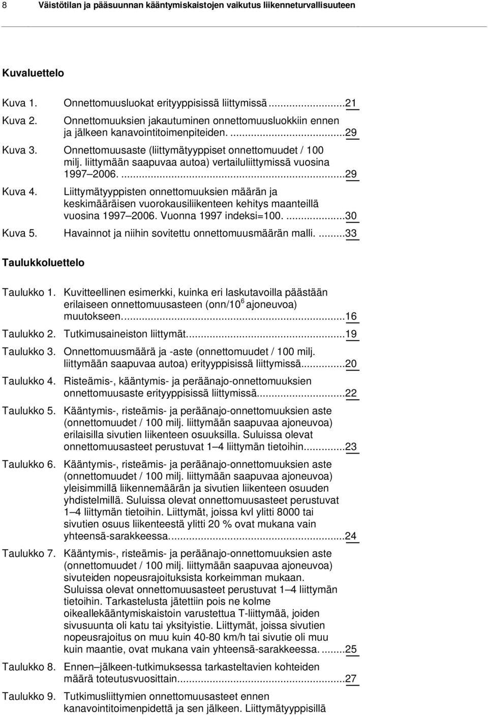 liittymään saapuvaa autoa) vertailuliittymissä vuosina 1997 2006....29 Kuva 4. Liittymätyyppisten onnettomuuksien määrän ja keskimääräisen vuorokausiliikenteen kehitys maanteillä vuosina 1997 2006.