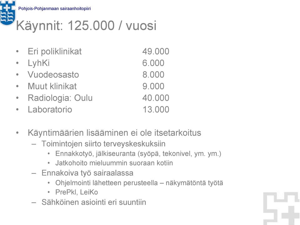 000 Käyntimäärien lisääminen ei ole itsetarkoitus Toimintojen siirto terveyskeskuksiin Ennakkotyö,