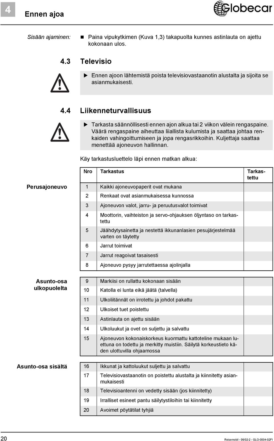 4 Liikenneturvallisuus Tarkasta säännöllisesti ennen ajon alkua tai 2 viikon välein rengaspaine.