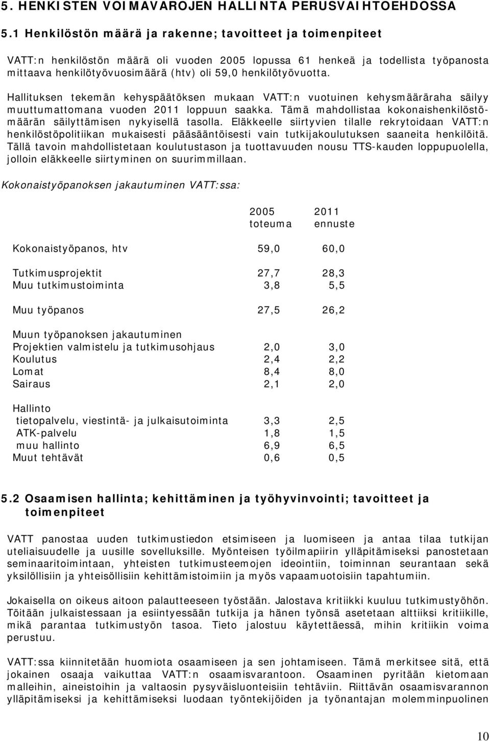 henkilötyövuotta. Hallituksen tekemän kehyspäätöksen mukaan VATT:n vuotuinen kehysmääräraha säilyy muuttumattomana vuoden 2011 loppuun saakka.
