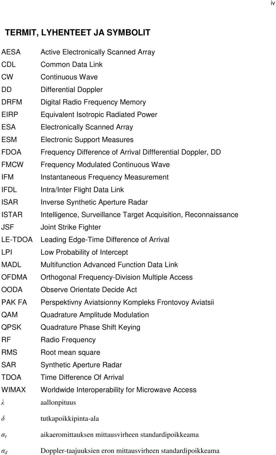 Frequency Difference of Arrival Diffferential Doppler, DD Frequency Modulated Continuous Wave Instantaneous Frequency Measurement Intra/Inter Flight Data Link Inverse Synthetic Aperture Radar