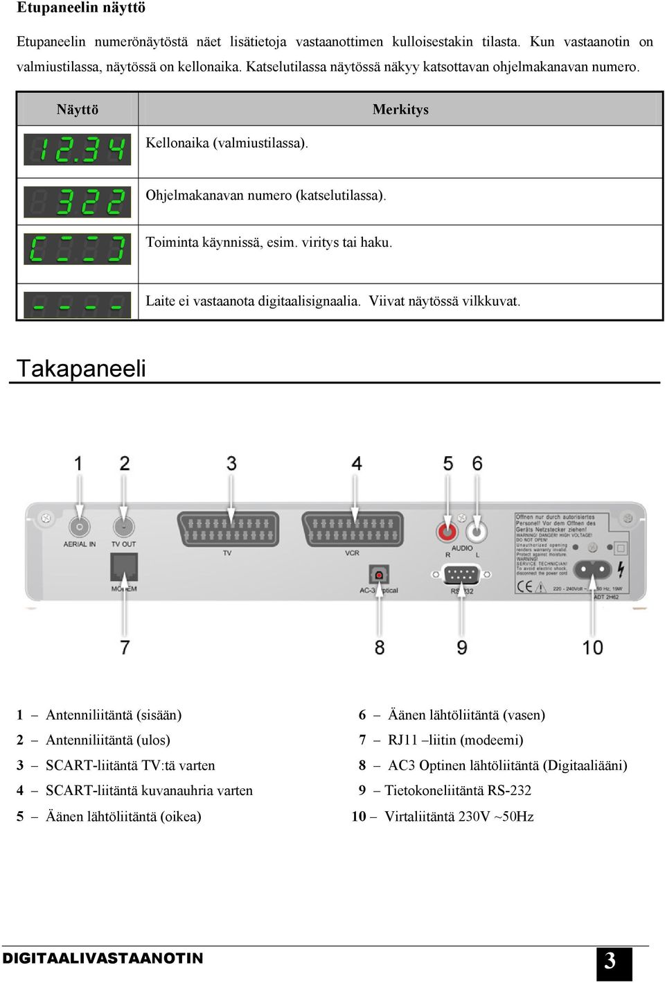 viritys tai haku. Laite ei vastaanota digitaalisignaalia. Viivat näytössä vilkkuvat.