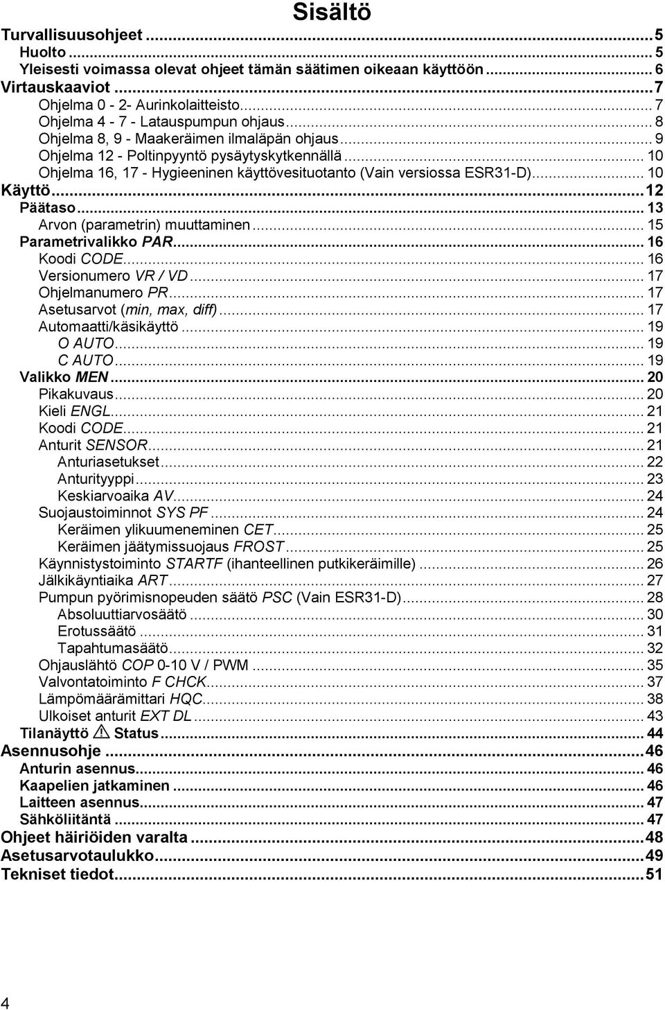 .. 10 Ohjelma 16, 17 - Hygieeninen käyttövesituotanto (Vain versiossa ESR31-D)... 10 Käyttö... 12 Päätaso... 13 Arvon (parametrin) muuttaminen... 15 Parametrivalikko PAR... 16 Koodi CODE.