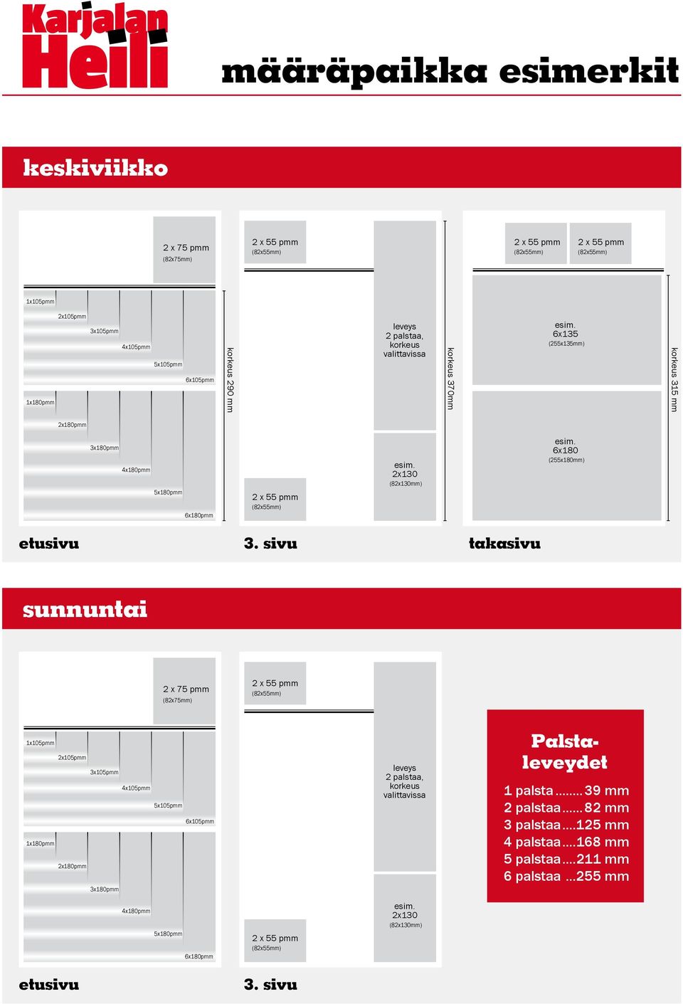 sivu takasivu sunnuntai 2 x 75 pmm (82x75mm) 1x105pmm 2x105pmm x105pmm 4x105pmm 5x105pmm 6x105pmm 1x180pmm 2x180pmm x180pmm leveys 2 palstaa, korkeus