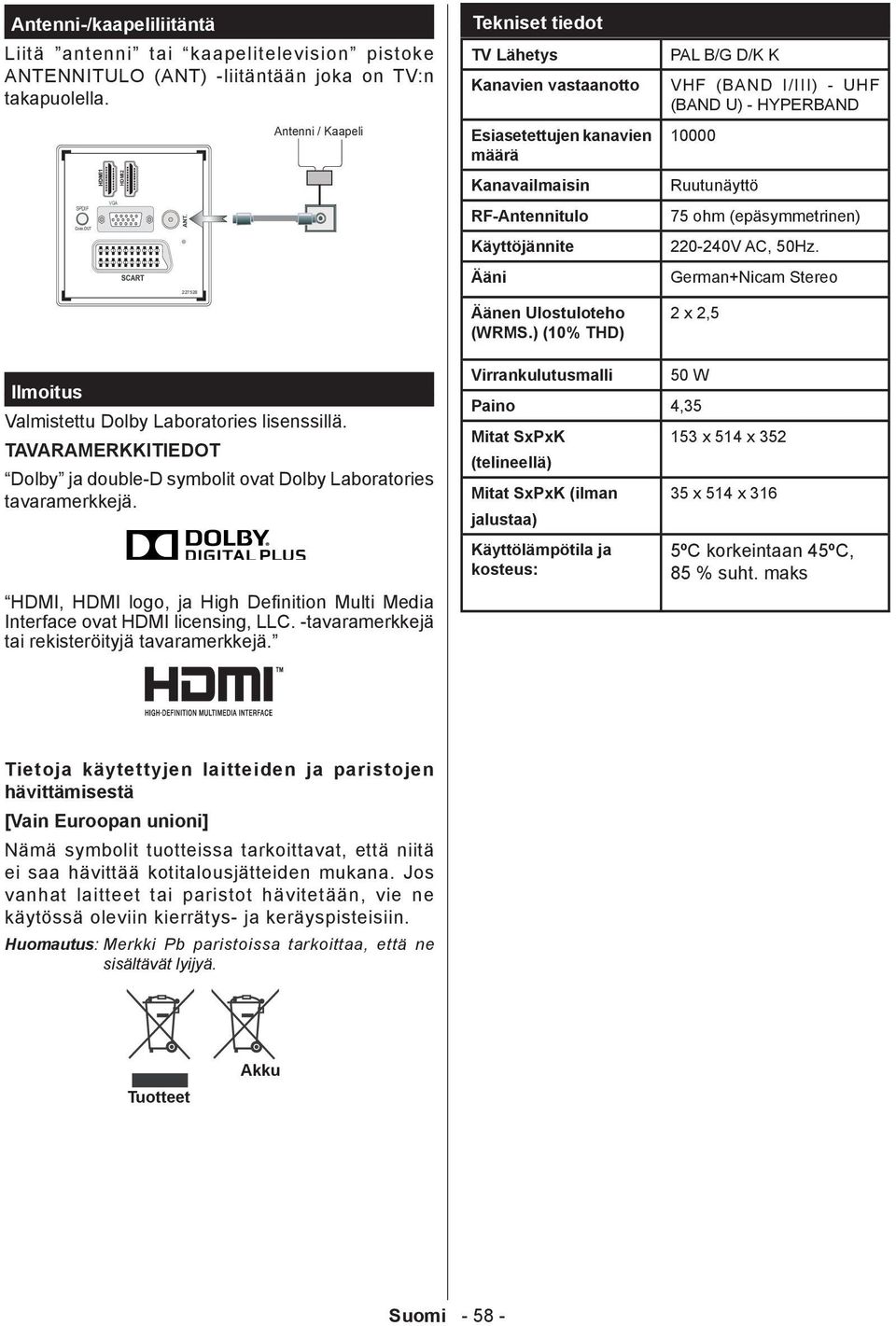 ) (10% THD) PAL B/G D/K K VHF (BAND I/III) - UHF (BAND U) - HYPERBAND 10000 Ruutunäyttö 75 ohm (epäsymmetrinen) 220-240V AC, 50Hz.