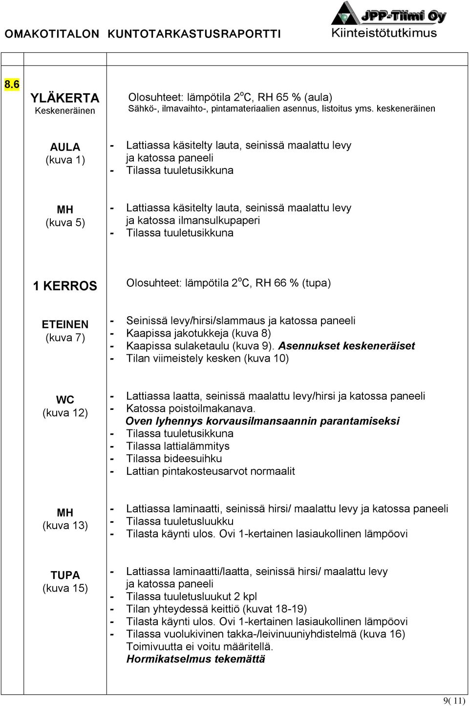 ilmansulkupaperi - Tilassa tuuletusikkuna 1 KERROS Olosuhteet: lämpötila 2 o C, RH 66 % (tupa) ETEINEN (kuva 7) - Seinissä levy/hirsi/slammaus ja katossa paneeli - Kaapissa jakotukkeja (kuva 8) -