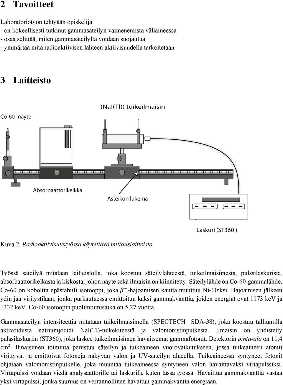 Työssä säteilyä mitataan laitteistolla, joka koostuu säteilylähteestä, tuikeilmaisimesta, pulssilaskurista, absorbaattorikelkasta ja kiskosta, johon näyte sekä ilmaisin on kiinnitetty.