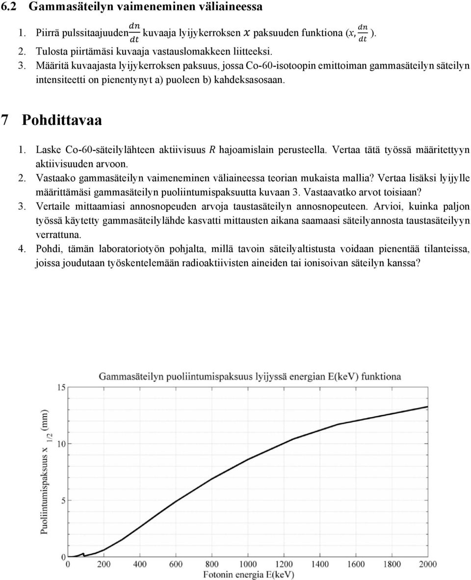 Laske Co-60-säteilylähteen aktiivisuus hajoamislain perusteella. Vertaa tätä työssä määritettyyn aktiivisuuden arvoon. 2. Vastaako gammasäteilyn vaimeneminen väliaineessa teorian mukaista mallia?