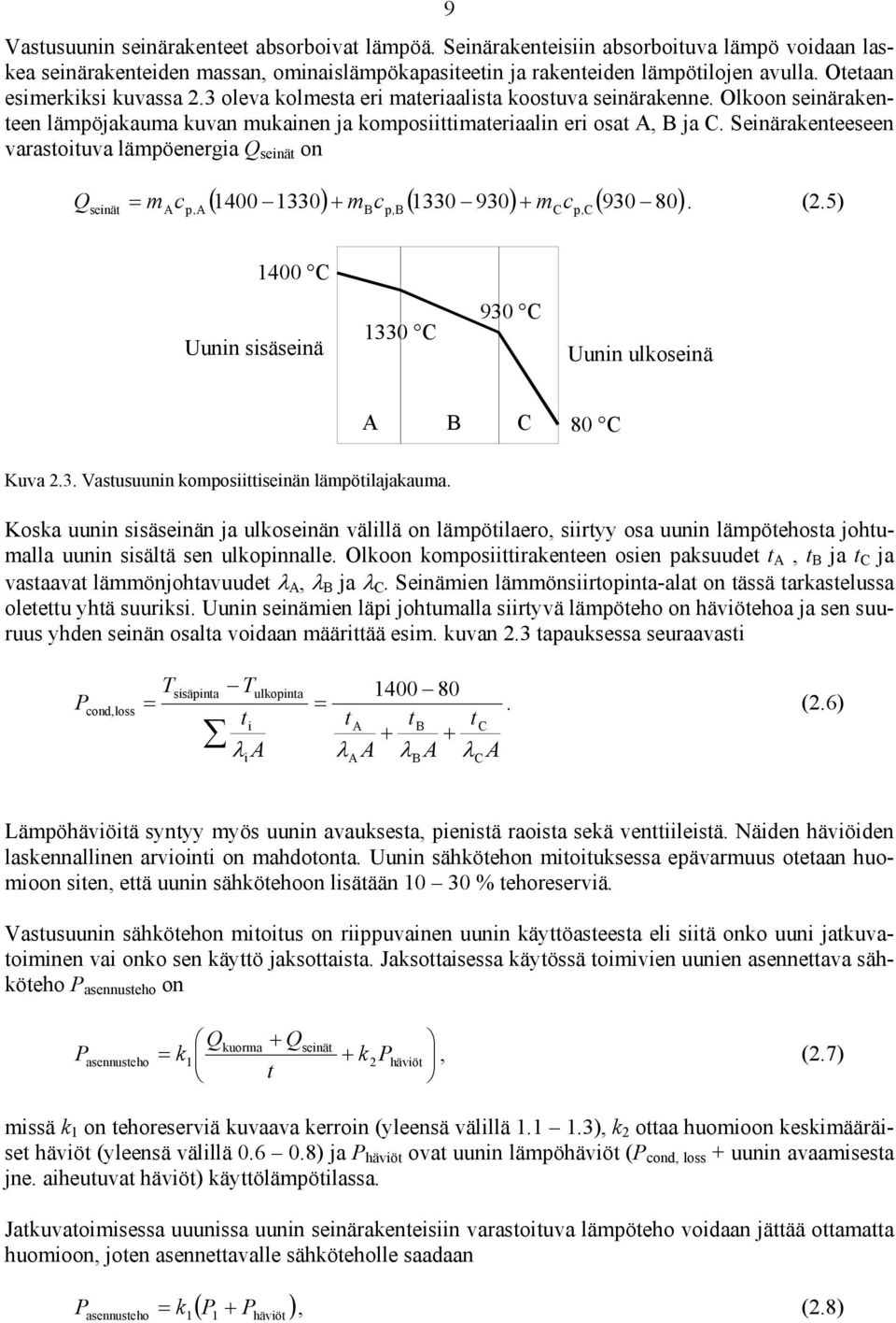 Seinärakenteeseen varastoituva lämpöenergia Q seinät on ( 1330) + m c ( 1330 930) + m ( 930 80) Q seinät = macp, A 1400 B p, B Ccp, C. (.5) 1400 C Uunin sisäseinä 1330 C 930 C Uunin ulkoseinä A B C 80 C Kuva.