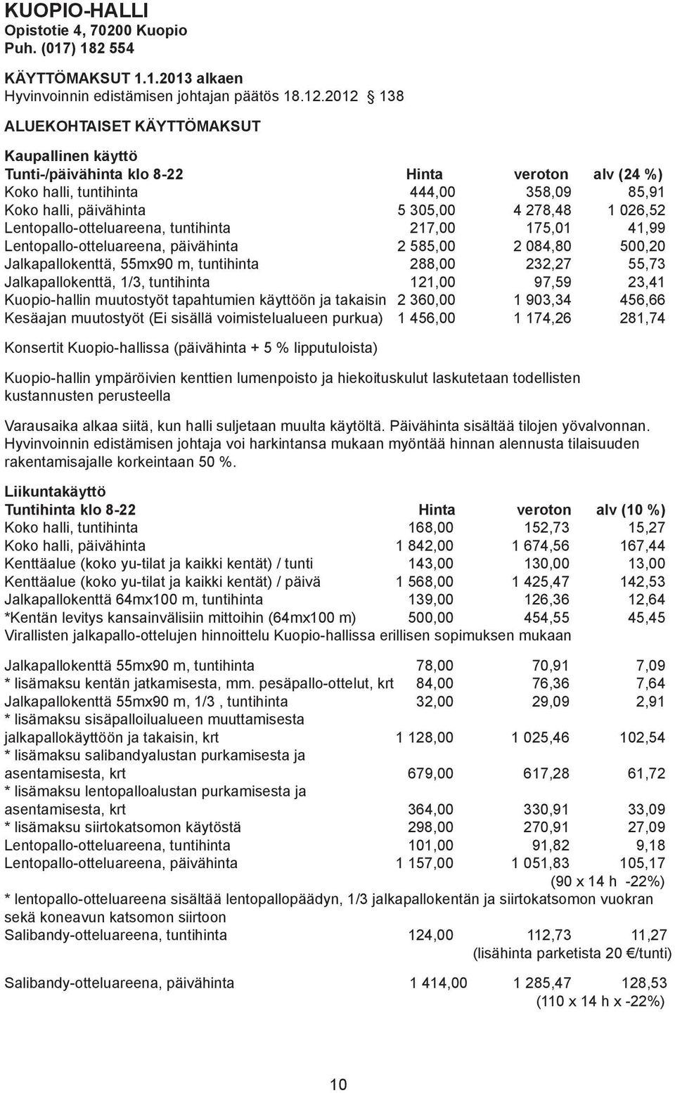 Lentopallo-otteluareena, tuntihinta 217,00 175,01 41,99 Lentopallo-otteluareena, päivähinta 2 585,00 2 084,80 500,20 Jalkapallokenttä, 55mx90 m, tuntihinta 288,00 232,27 55,73 Jalkapallokenttä, 1/3,