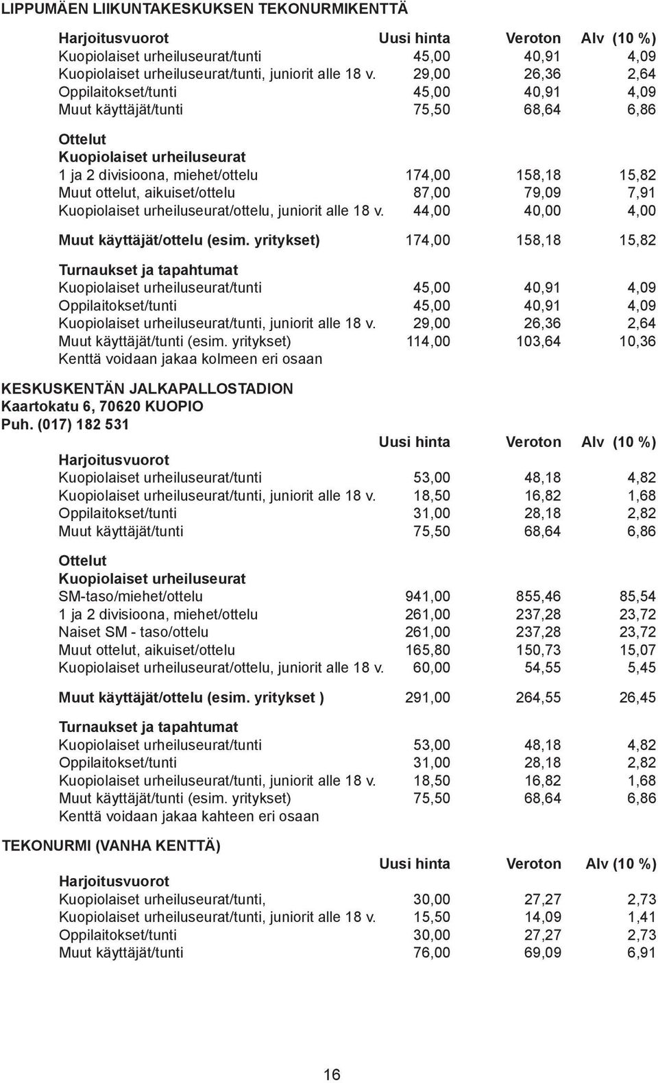 aikuiset/ottelu 87,00 79,09 7,91 Kuopiolaiset urheiluseurat/ottelu, juniorit alle 18 v. 44,00 40,00 4,00 Muut käyttäjät/ottelu (esim.