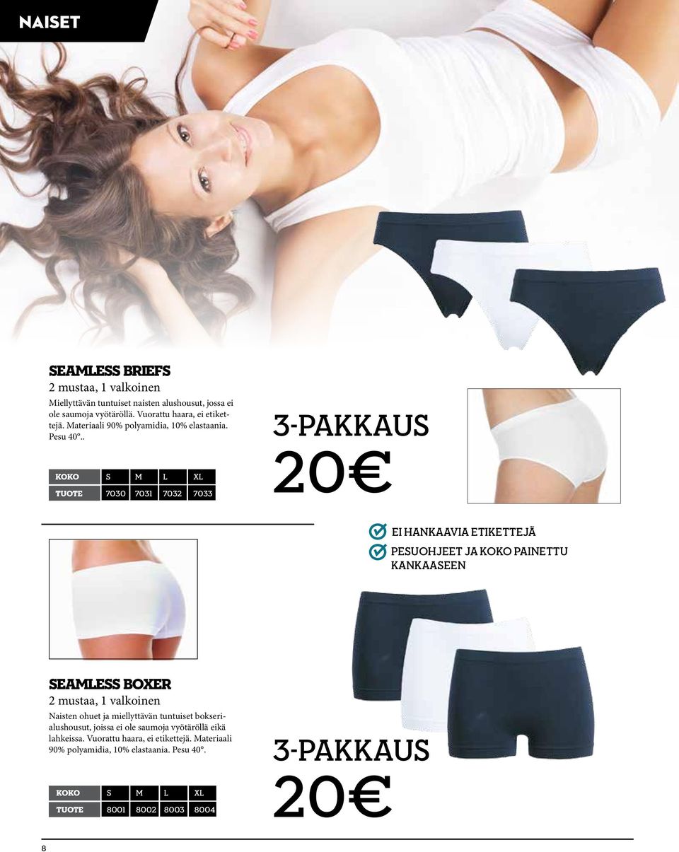 . 3-pakkaus koko s m l xl tuote 7030 7031 7032 7033 EI HANKAAVIA ETIKETTEJÄ PESUOHJEET JA KOKO PAINETTU KANKAASEEN Seamless Boxer 2 mustaa, 1