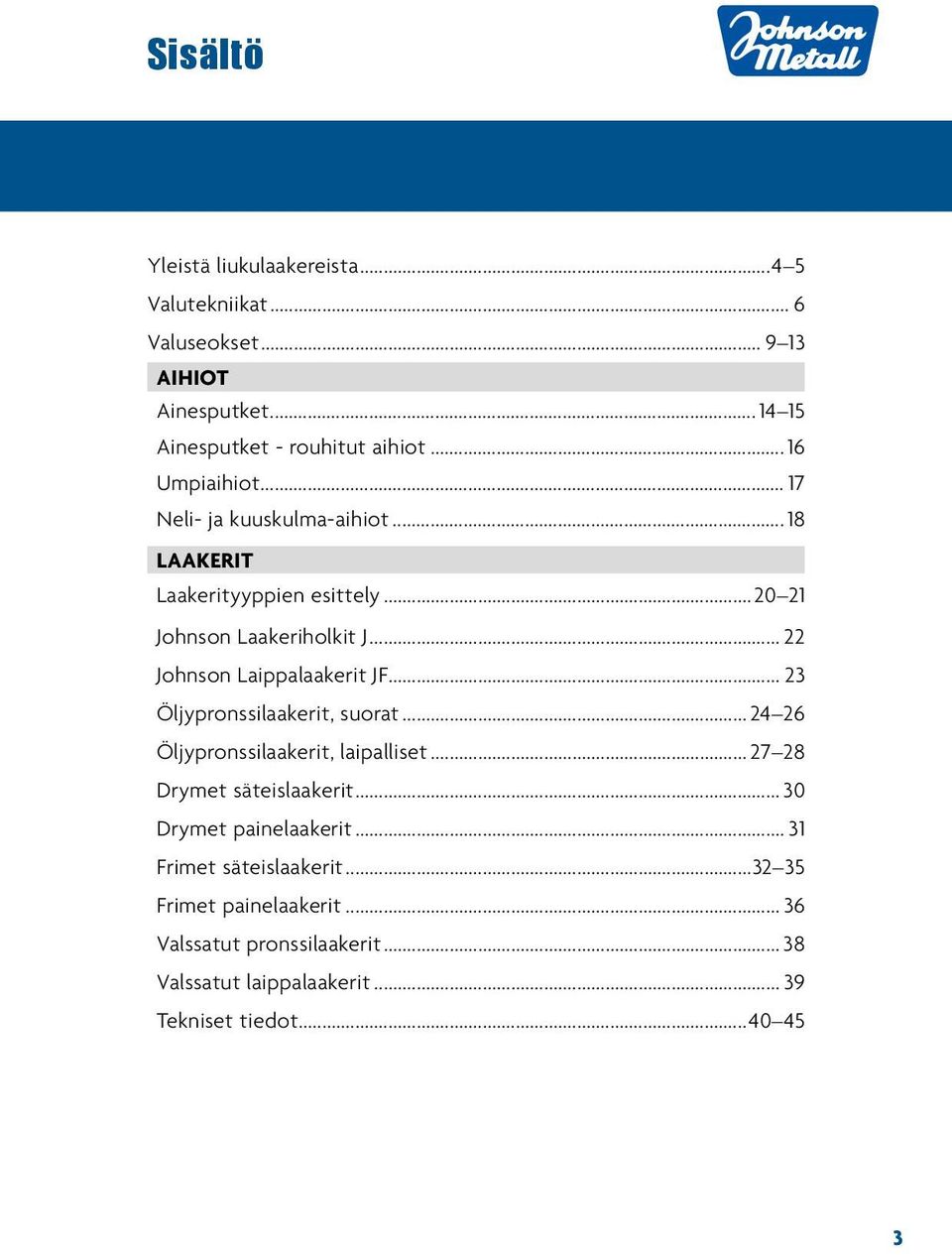 .. 22 Johnson Laippalaakerit JF... 23 Öljypronssilaakerit, suorat...24 26 Öljypronssilaakerit, laipalliset...27 28 Drymet säteislaakerit.