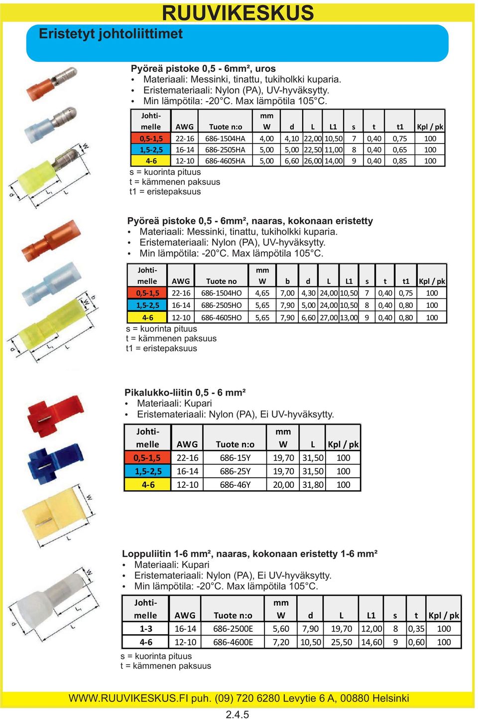 6,60 26,00 14,00 9 0,40 0,85 100 t = käenen paksuus Pyöreä pistoke 0,5-6², naaras, kokonaan eristetty Ÿ Materiaali: Messinki, tinattu, tukiholkki kuparia.