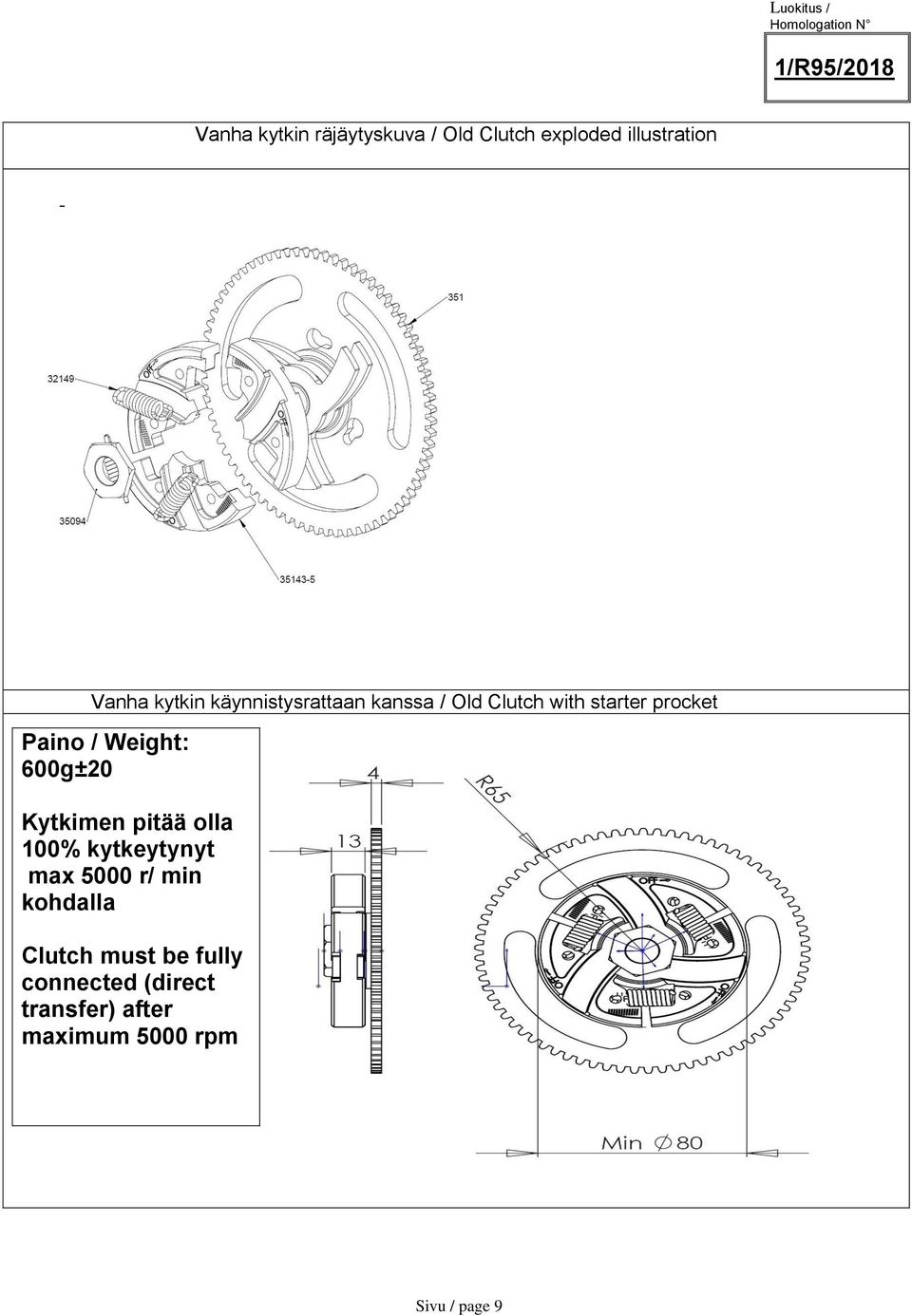 600g±20 Kytkimen pitää olla 100% kytkeytynyt max 5000 r/ min kohdalla Clutch