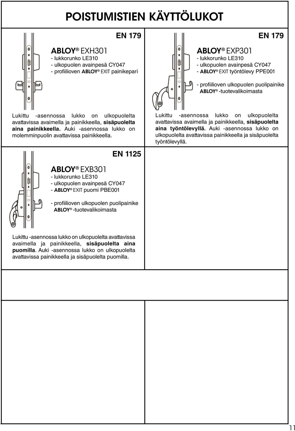 painikkeella. Auki -asennossa lukko on molemminpuolin avattavissa painikkeella. EN 1125 Lukittu -asennossa lukko on ulkopuolelta avattavissa avaimella ja painikkeella, sisäpuolelta aina työntölevyllä.