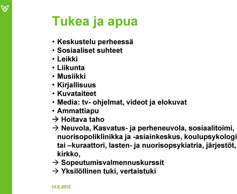 perheneuvola, sosiaalitoimi, nuorisopoliklinikka ja -asiainkeskus, koulupsykologi tai kuraattori,