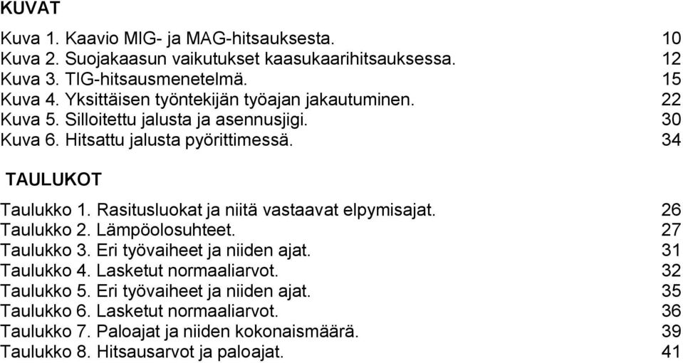 Rasitusluokat ja niitä vastaavat elpymisajat. 26 Taulukko 2. Lämpöolosuhteet. 27 Taulukko 3. Eri työvaiheet ja niiden ajat. 31 Taulukko 4. Lasketut normaaliarvot.