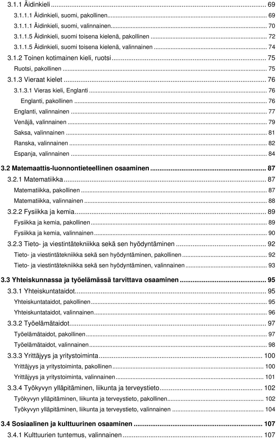 .. 77 Venäjä, valinnainen... 79 Saksa, valinnainen... 81 Ranska, valinnainen... 82 Espanja, valinnainen... 84 3.2 Matemaattis-luonnontieteellinen osaaminen... 87 3.2.1 Matematiikka.