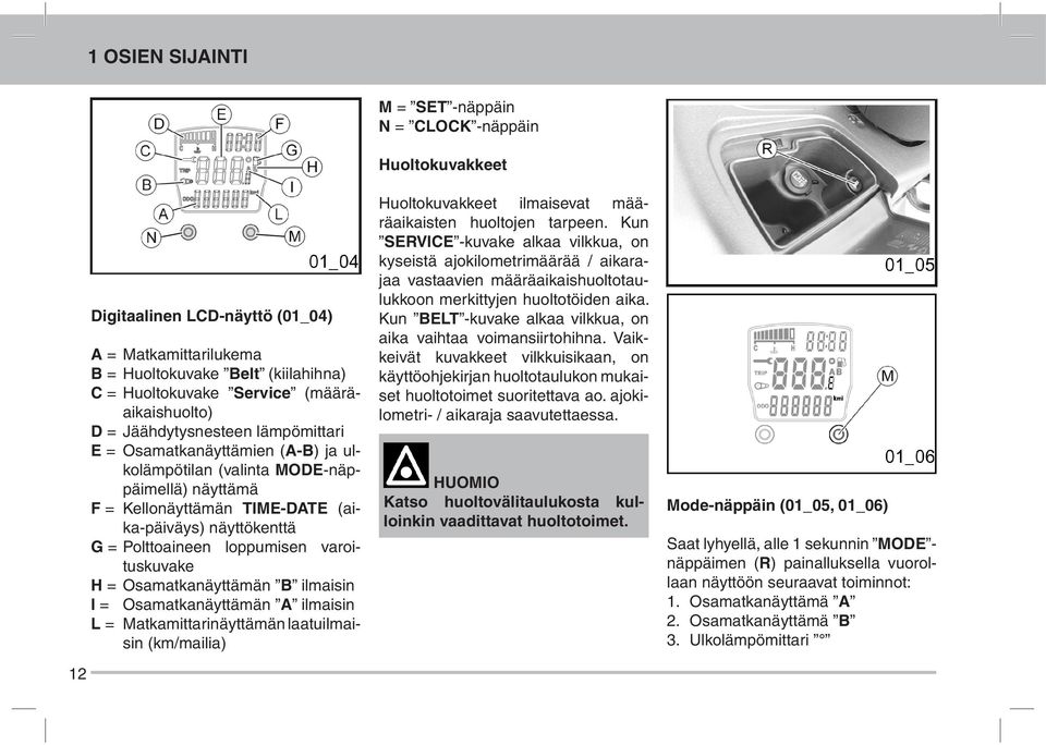 Osamatkanäyttämän B ilmaisin I = Osamatkanäyttämän A ilmaisin L = Matkamittarinäyttämän laatuilmaisin (km/mailia) M = SET -näppäin N = CLOCK -näppäin Huoltokuvakkeet Huoltokuvakkeet ilmaisevat