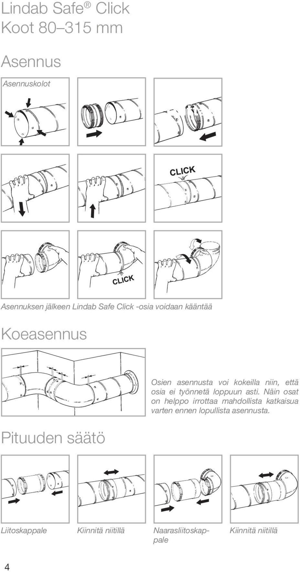 asennusta voi kokeilla niin, että osia ei työnnetä loppuun asti.