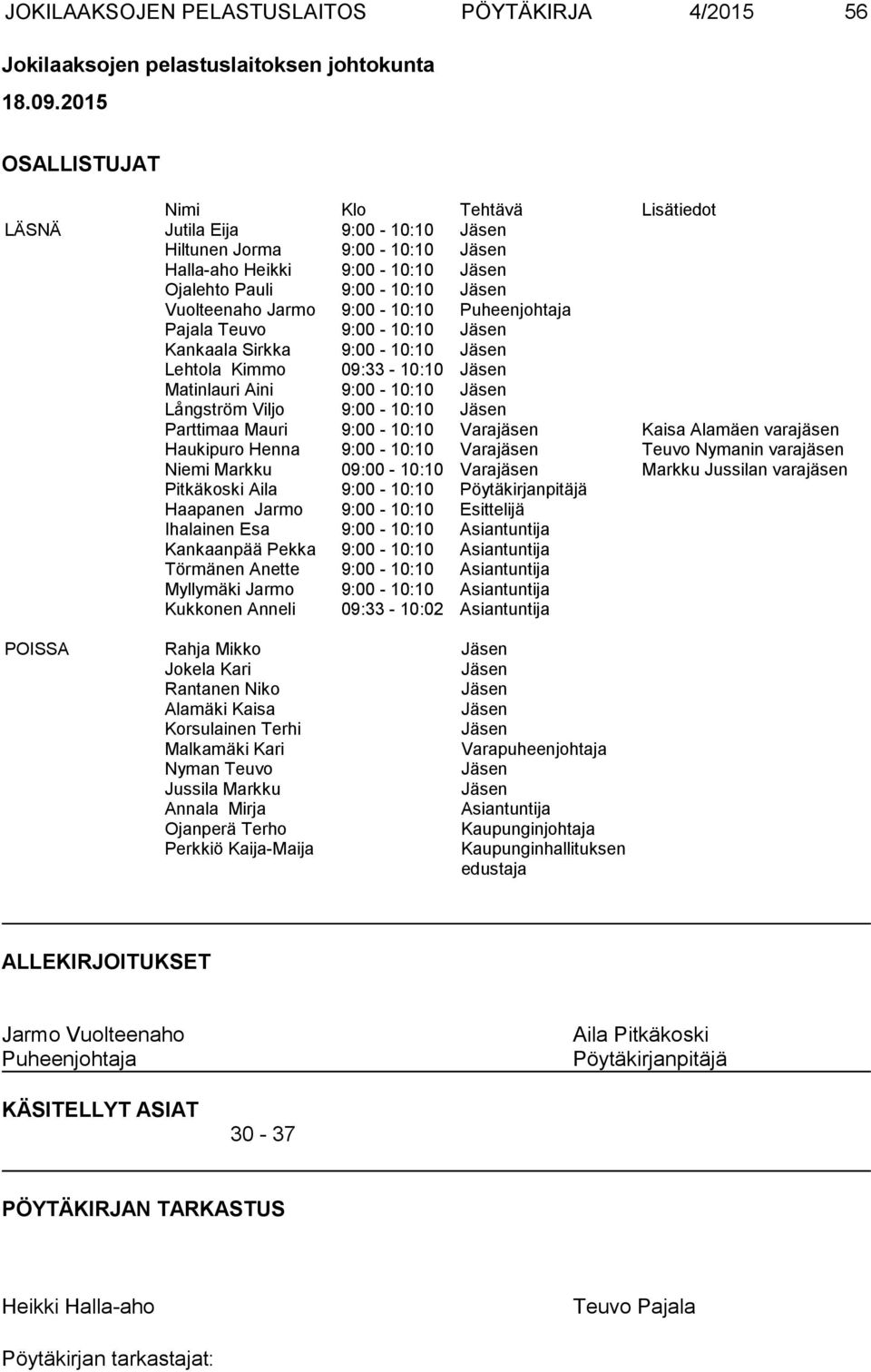 9:00-10:10 Puheenjohtaja Pajala Teuvo 9:00-10:10 Jäsen Kankaala Sirkka 9:00-10:10 Jäsen Lehtola Kimmo 09:33-10:10 Jäsen Matinlauri Aini 9:00-10:10 Jäsen Långström Viljo 9:00-10:10 Jäsen Parttimaa