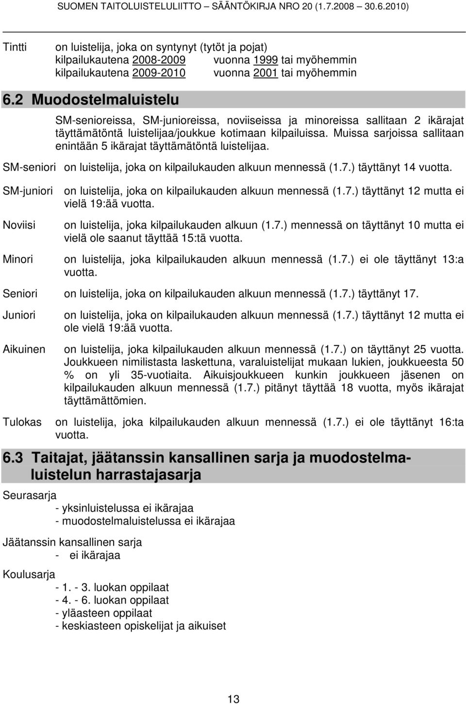 Muissa sarjoissa sallitaan enintään 5 ikärajat täyttämätöntä luistelijaa. SM-seniori on luistelija, joka on kilpailukauden alkuun mennessä (1.7.) täyttänyt 14 vuotta.