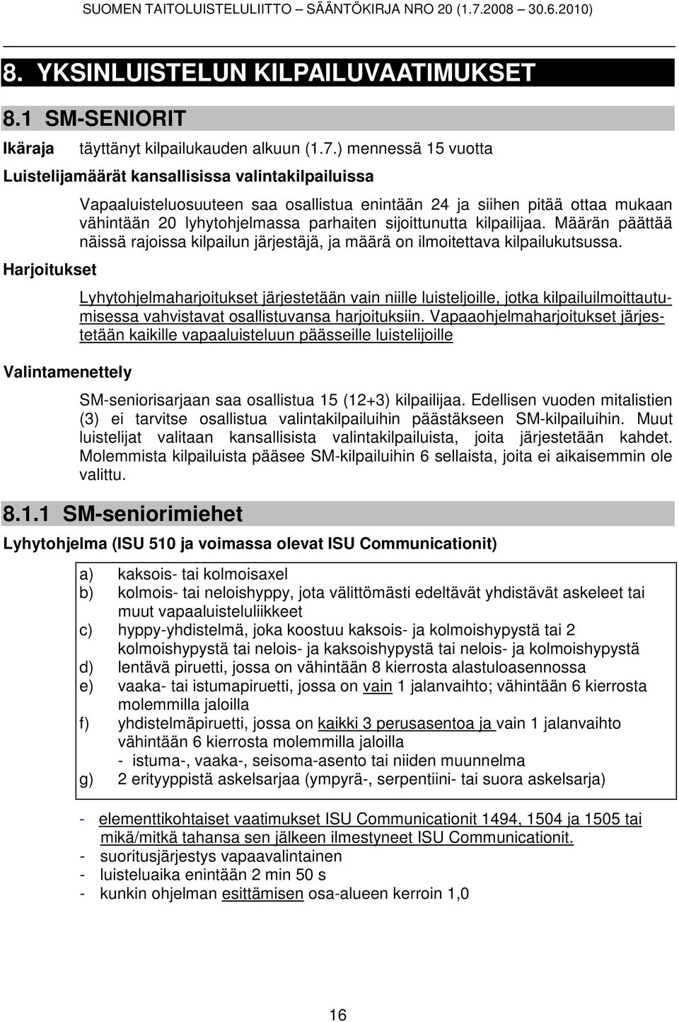 lyhytohjelmassa parhaiten sijoittunutta kilpailijaa. Määrän päättää näissä rajoissa kilpailun järjestäjä, ja määrä on ilmoitettava kilpailukutsussa.