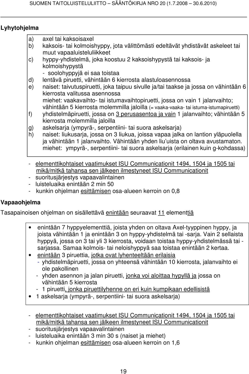 ja jossa on vähintään 6 kierrosta valitussa asennossa miehet: vaakavaihto- tai istumavaihtopiruetti, jossa on vain 1 jalanvaihto; vähintään 5 kierrosta molemmilla jaloilla (= vaaka-vaaka- tai