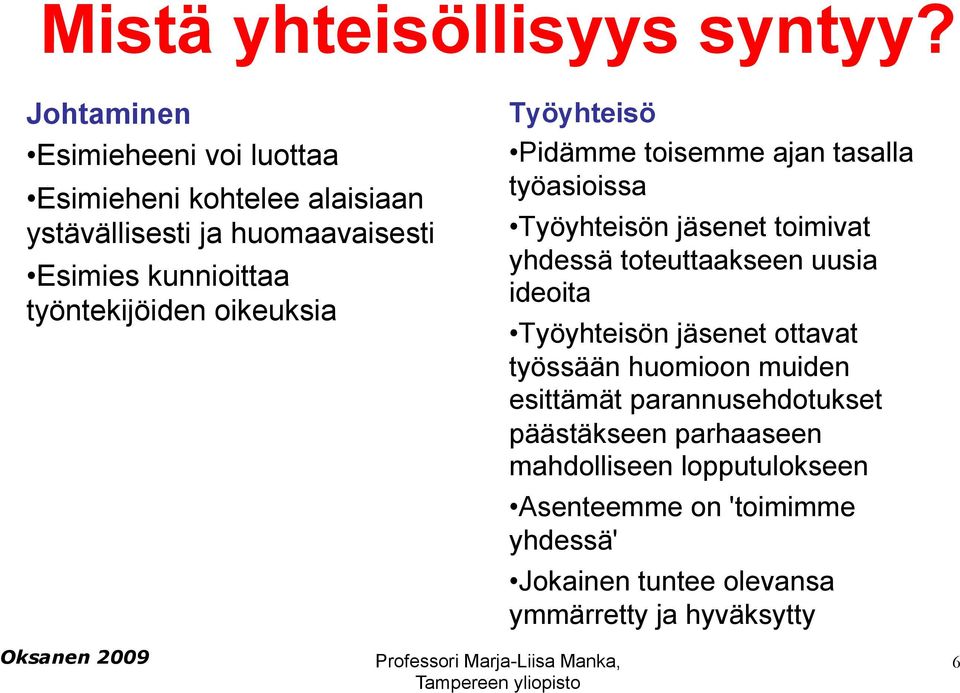 työntekijöiden oikeuksia Työyhteisö Pidämme toisemme ajan tasalla työasioissa Työyhteisön jäsenet toimivat yhdessä toteuttaakseen