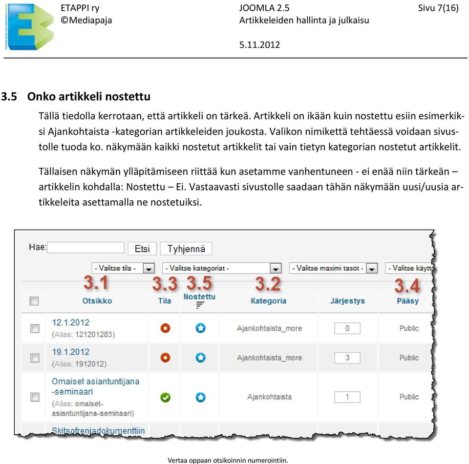 Valikon nimikettä tehtäessä voidaan sivustolle tuoda ko. näkymään kaikki nostetut artikkelit tai vain tietyn kategorian nostetut artikkelit.