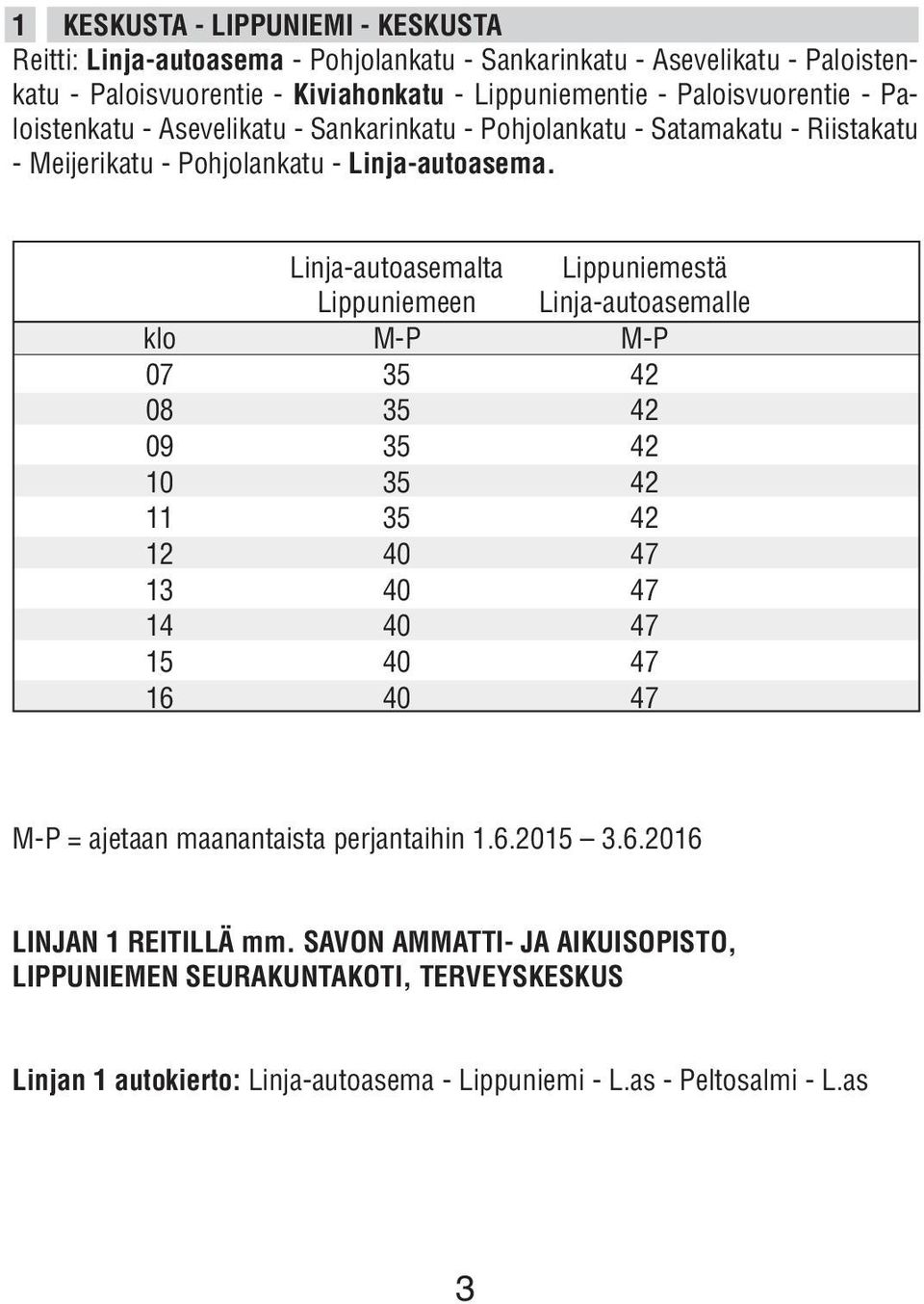 Linja-autoasemalta Lippuniemestä Lippuniemeen Linja-autoasemalle klo M-P M-P 07 35 42 08 35 42 09 35 42 10 35 42 11 35 42 12 40 47 13 40 47 14 40 47 15 40 47 16 40 47 M-P =