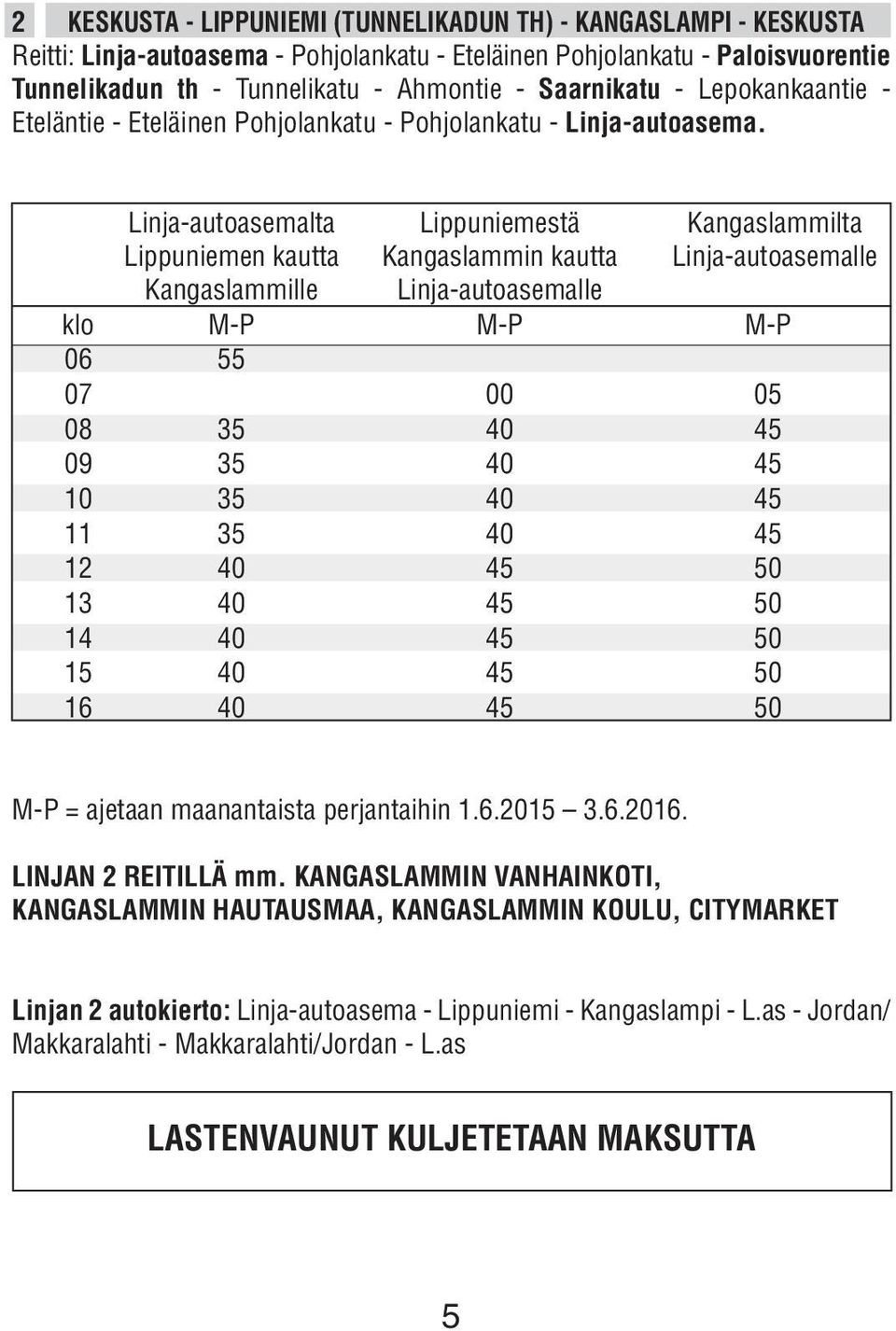 Linja-autoasemalta Lippuniemestä Kangaslammilta Lippuniemen kautta Kangaslammin kautta Linja-autoasemalle Kangaslammille Linja-autoasemalle klo M-P M-P M-P 06 55 07 00 05 08 35 40 45 09 35 40 45 10