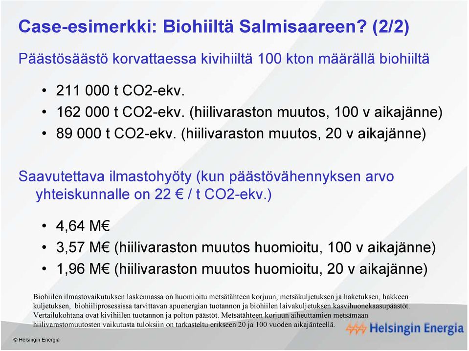 ) 4,64 M 3,57 M (hiilivaraston muutos huomioitu, 100 v aikajänne) 1,96 M (hiilivaraston muutos huomioitu, 20 v aikajänne) Biohiilen ilmastovaikutuksen laskennassa on huomioitu metsätähteen korjuun,