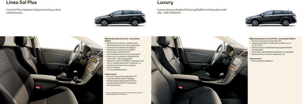 Kynnyslistat, metallinväriset Automaattisesti tummentuva taustapeili Smart entry -avaimeton sisäänkäynti ja Smart Start -käynnistyspainike Radio/CD-soitin, MP3/WMA-tiedostojen tuki, Aux-In-liitäntä,