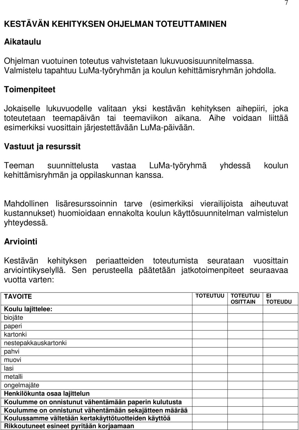 Aihe voidaan liittää esimerkiksi vuosittain järjestettävään LuMa-päivään. Vastuut ja resurssit Teeman suunnittelusta vastaa LuMa-työryhmä yhdessä koulun kehittämisryhmän ja oppilaskunnan kanssa.