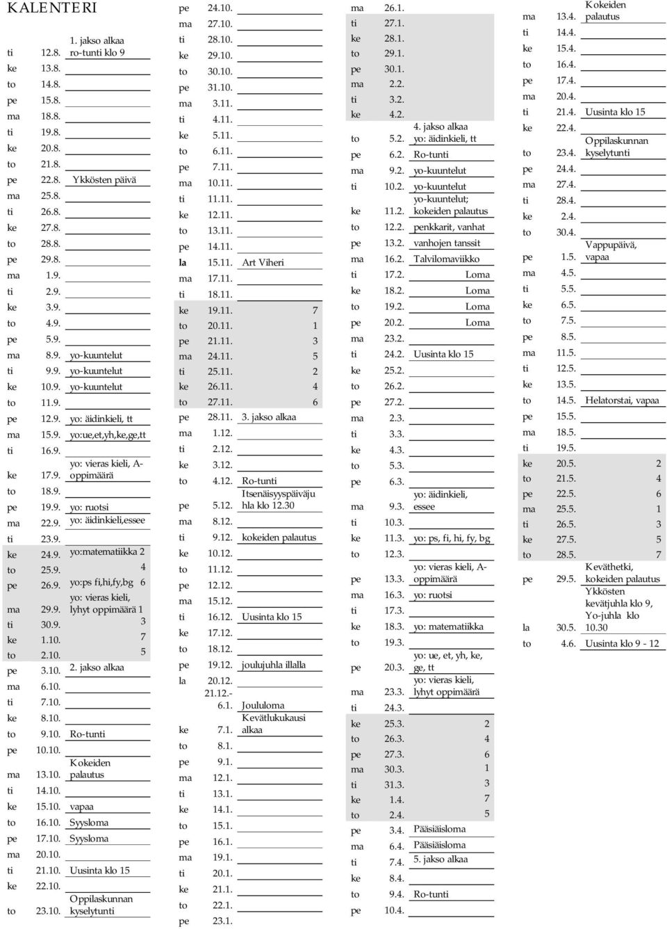 9. yo: ruotsi ma 22.9. yo: äidinkieli,essee ti 23.9. ke 24.9. yo:matematiikka 2 to 25.9. 4 pe 26.9. yo:ps fi,hi,fy,bg 6 yo: vieras kieli, lyhyt oppimäärä 1 ma 29.9. ti 30.9. 3 ke 1.10. 7 to 2.10. 5 pe 3.