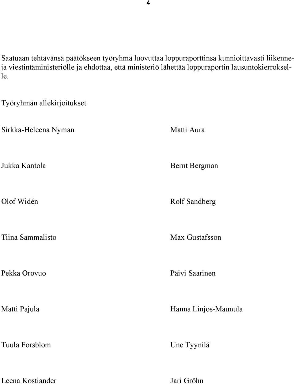 Työryhmän allekirjoitukset Sirkka-Heleena Nyman Matti Aura Jukka Kantola Bernt Bergman Olof Widén Rolf Sandberg